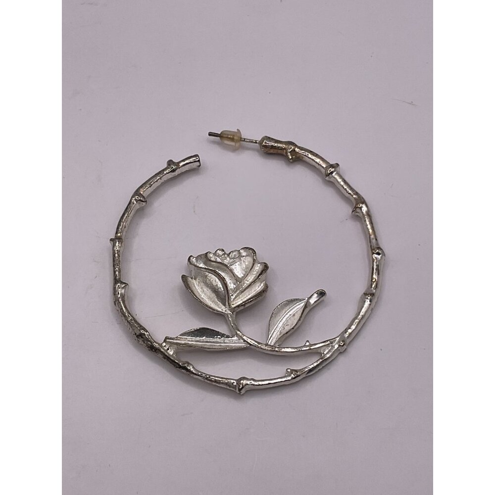 Single Silver Hoop Earring With Rose Design & Bamboo Textured Hoop
